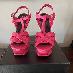 Authentic YSL Tribute T-Strap Platform Sandal; Red Leather